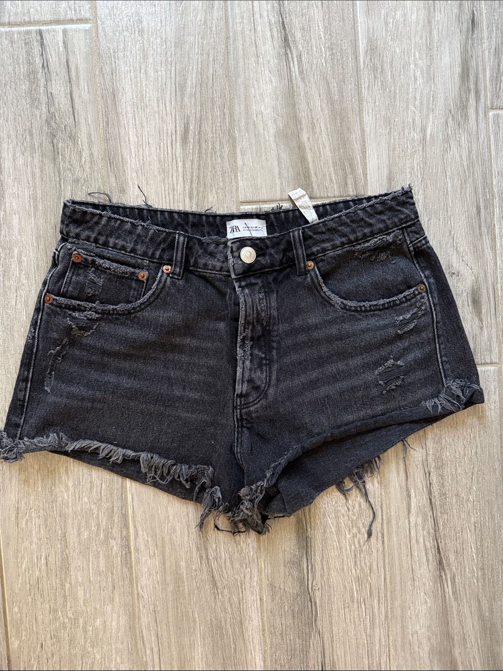 Zara Charcoal Washed Distressed Denim Shorts